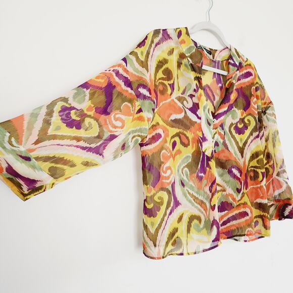 Zara Oversized Colorful V-Neck Long Sleeve Semi-Sheer Top Size XS Yellow Purple - Picture 5 of 9